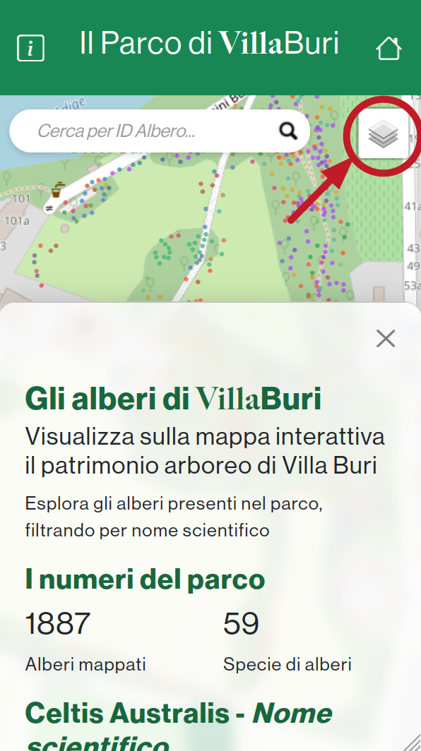 Screenshot della schermata iniziale del sito con pannello illustrativo in basso aperto