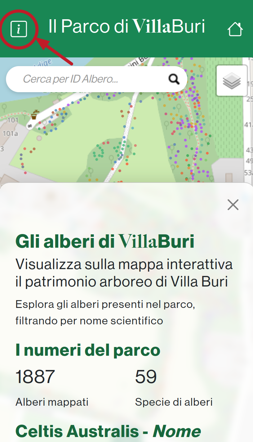 Screenshot della schermata iniziale del sito con pannello illustrativo in basso aperto