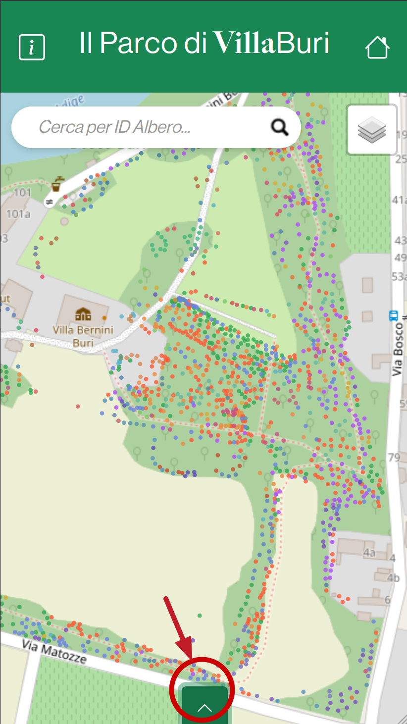 Screenshot della schermata iniziale del sito con pannello illustrativo in basso aperto
